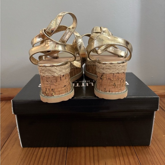 Gold Metallic Cork Platform Sandals Tie Strappy PrettyLittleThing Size 10 - Picture 5 of 12